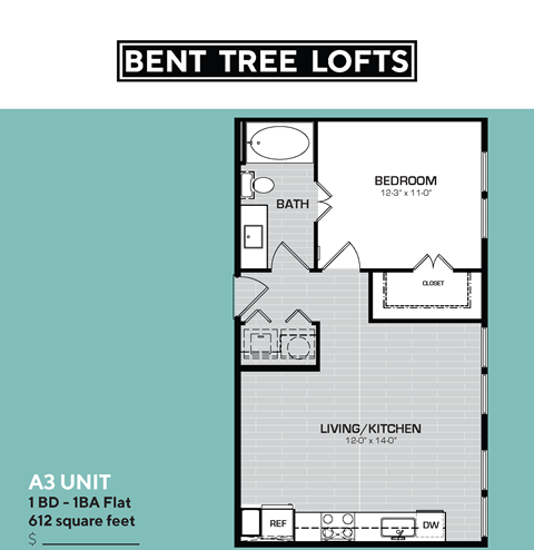 Floor plan for 1 bed, 1 bath, 612 sqft